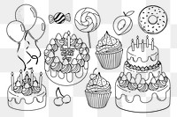 Birthday png doodle sticker, black & white illustration set, transparent background