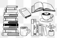 Books png doodle sticker, black & white illustration set, transparent background
