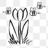 Tulip flower png sticker, bee doodle, transparent background