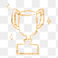 Winner trophy png sticker, gold glittery doodle, transparent background