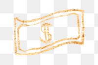 Dollar bill png sticker, gold glittery doodle, transparent background