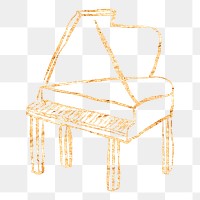 Grand piano png sticker, gold glittery doodle, transparent background