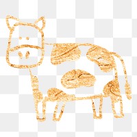 Dairy cattle png cow sticker, gold glittery doodle, transparent background