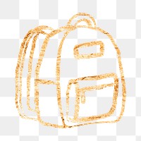 Backpack png sticker, gold glittery doodle, transparent background