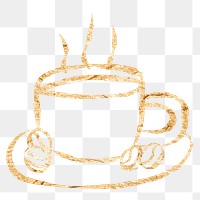 Coffee cup png sticker, gold glittery doodle, transparent background