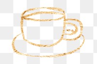 Coffee cup png sticker, gold glittery doodle, transparent background