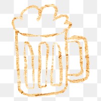 Beer glass png sticker, gold glittery doodle, transparent background