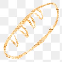 Baguette bread png sticker, gold glittery doodle, transparent background