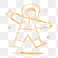 Cute astronaut png sticker, gold glittery doodle, transparent background