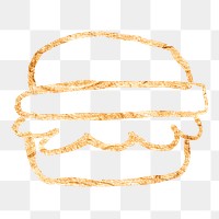 Hamburger png sticker, gold glittery doodle, transparent background