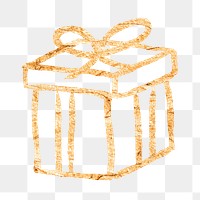 Gift box png sticker, gold glittery doodle, transparent background