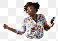 Png woman streaming music sticker, transparent background