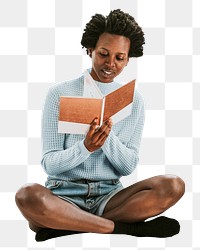 Png African woman reading sticker, education transparent background