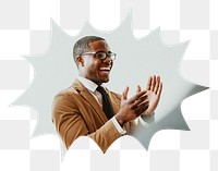 Png black businessman clapping badge sticker, success photo in bang  shape, transparent background