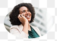 Businesswoman png talking on phone badge sticker, networking photo, transparent background