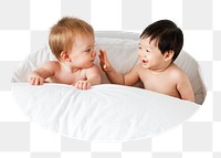 Cheerful babies png on bed badge sticker, children photo, transparent background