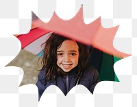 Png Little girl holding umbrella badge sticker, seasonal photo in bang  shape, transparent background