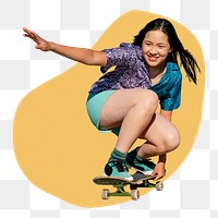 Girl skateboarding png badge sticker, hobby photo in blob shape, transparent background