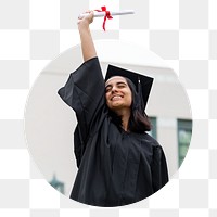 Png girl in graduation gown badge sticker, education photo, transparent background