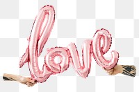 PNG love foil balloon, pink letters, typography collage element, transparent background