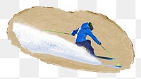 Skiing sport png sticker, ripped paper, transparent background