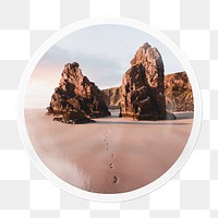 Beautiful beach png footprints sticker, nature in circle frame, transparent background