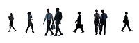 Png business people walking silhouette sticker, transparent background