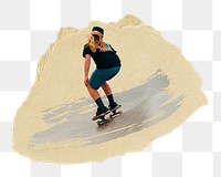 Woman skateboarding png sticker, ripped paper, transparent background