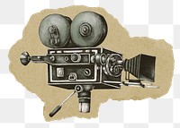 Vintage movie camera png sticker, ripped paper on transparent background