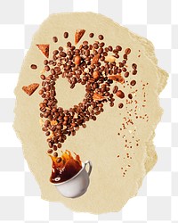 Coffee bean splash png ripped paper sticker, abstract food art, transparent background