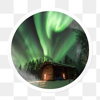 Green aurora png lights sticker, travel photo in circle frame, transparent background