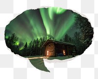 Green aurora png lights travel sticker, ripped paper speech bubble, transparent background