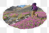 Png traveler in flower field sticker, vacation photo in ripped paper badge, transparent background