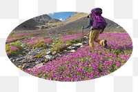 Png traveler in flower field sticker, vacation photo badge, transparent background