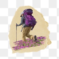 Male hiker png sticker, ripped paper, transparent background