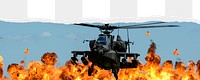 Helicopter over flames png border, torn paper design, transparent background