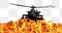 Helicopter over flames png border, torn paper design, transparent background