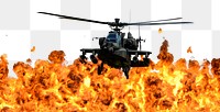 Helicopter over flames png border, transparent background