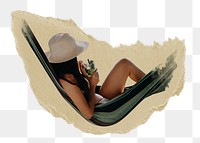 Woman chilling png hammock sticker, ripped paper, transparent background