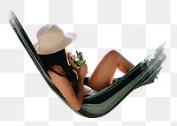 Woman chilling png hammock sticker, transparent background