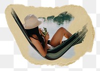 Woman chilling png hammock sticker, ripped paper, transparent background