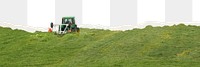 Tractor harvesting field png border, torn paper design, transparent background