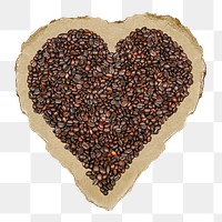 Coffee bean heart png ripped paper sticker, food art graphic, transparent background