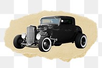 Black classic car png ripped paper sticker, vintage vehicle graphic, transparent background