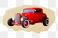 Red classic car png ripped paper sticker, vintage vehicle graphic, transparent background