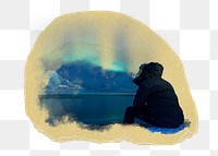 Man png watching northern lights sticker, ripped paper, transparent background