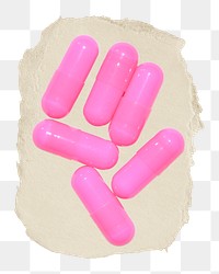 Pill capsules png ripped paper sticker, medicine graphic, transparent background