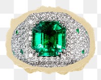 Emerald diamond ring png ripped paper sticker, luxurious jewelry, transparent background