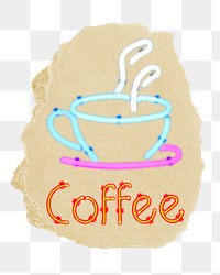 Coffee neon sign png ripped paper sticker, cafe graphic, transparent background