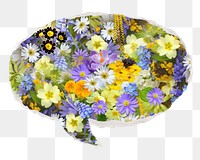 Spring flowers png sticker, ripped paper speech bubble, transparent background